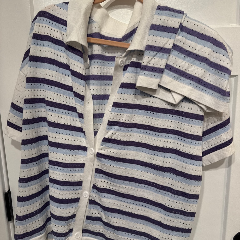 Striped Button-Up Shirt with Purple and Blue Accents